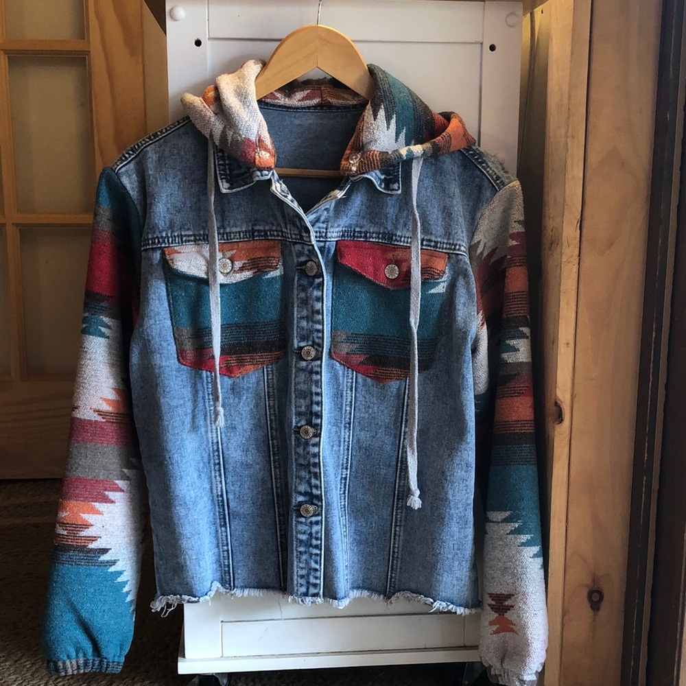 Denim Jacket with Colorful Patterned Sleeves